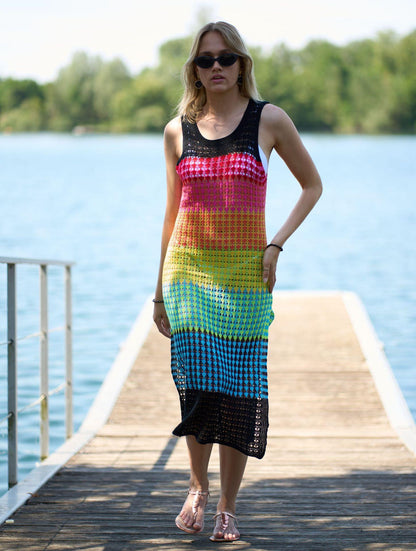 Knitted Rainbow Bar Beach Cover up Sexy Strap Dress Vacation Skirt Beach Cover Up