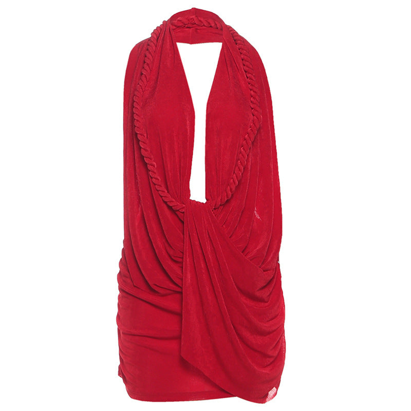 Autumn Winter Women Clothing Sexy Deep V Plunge Halter Backless Hip Solid Color Dress