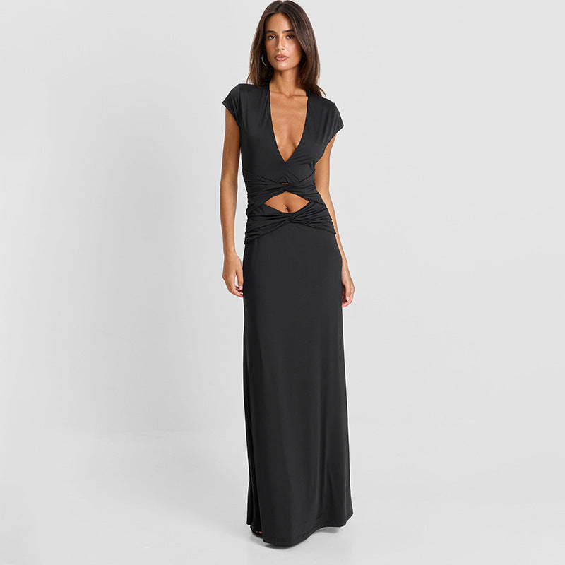 Women Clothing Autumn Solid Color Casual Short Sleeve Hollow Out Cutout Out Deep V Bare Cropped Slim Fit Maxi Dress HONEYBADGER