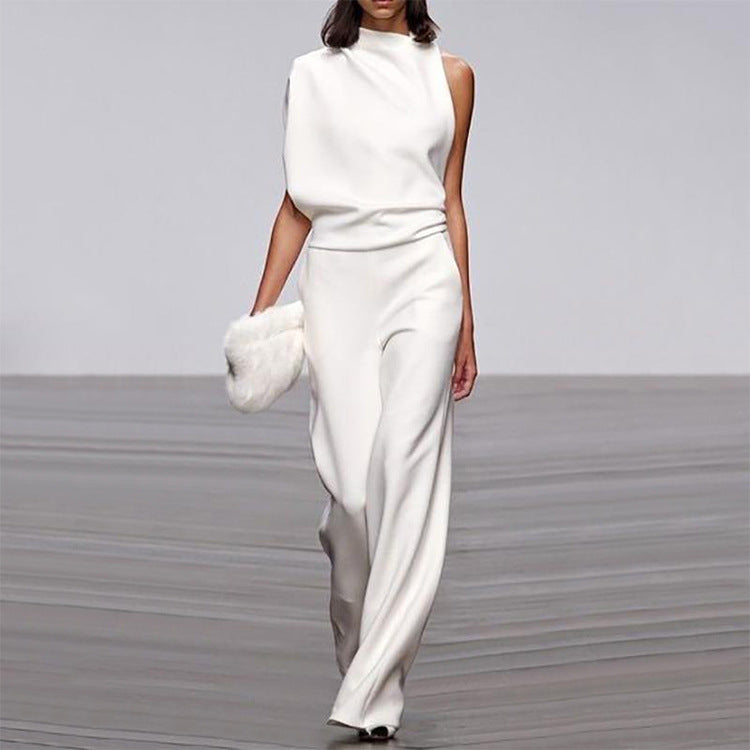 Women Pants Solid Color One Shoulder Pile Collar Jumpsuit Popular Dress Trousers MandyShow