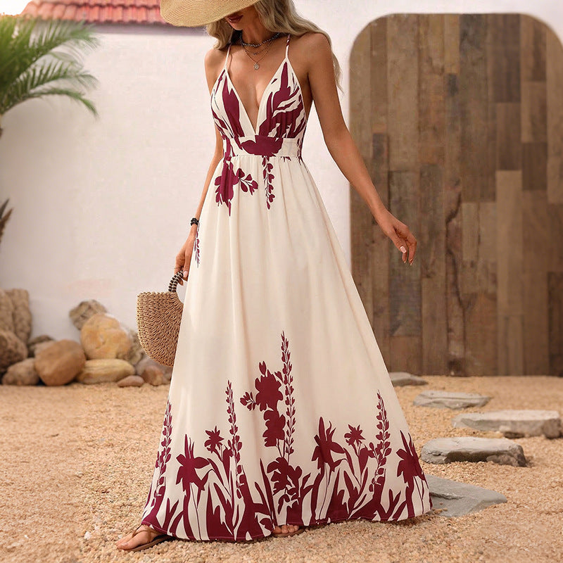 Retro Vacation Floral Print Strap Backless Large Swing Dress HUNDRED