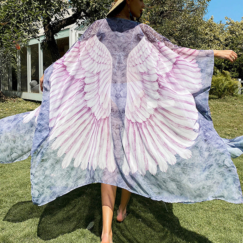 Beach Cover Up Wings Printing Wing Loose Long Long Sleeve Knitted Cardigan Sunscreen Beach Cover Up Tidee