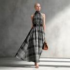 Halter Sleeveless Plaid High Waist Lace up Waist Draping Effect Large Hem A line Dress French Dress Rogan