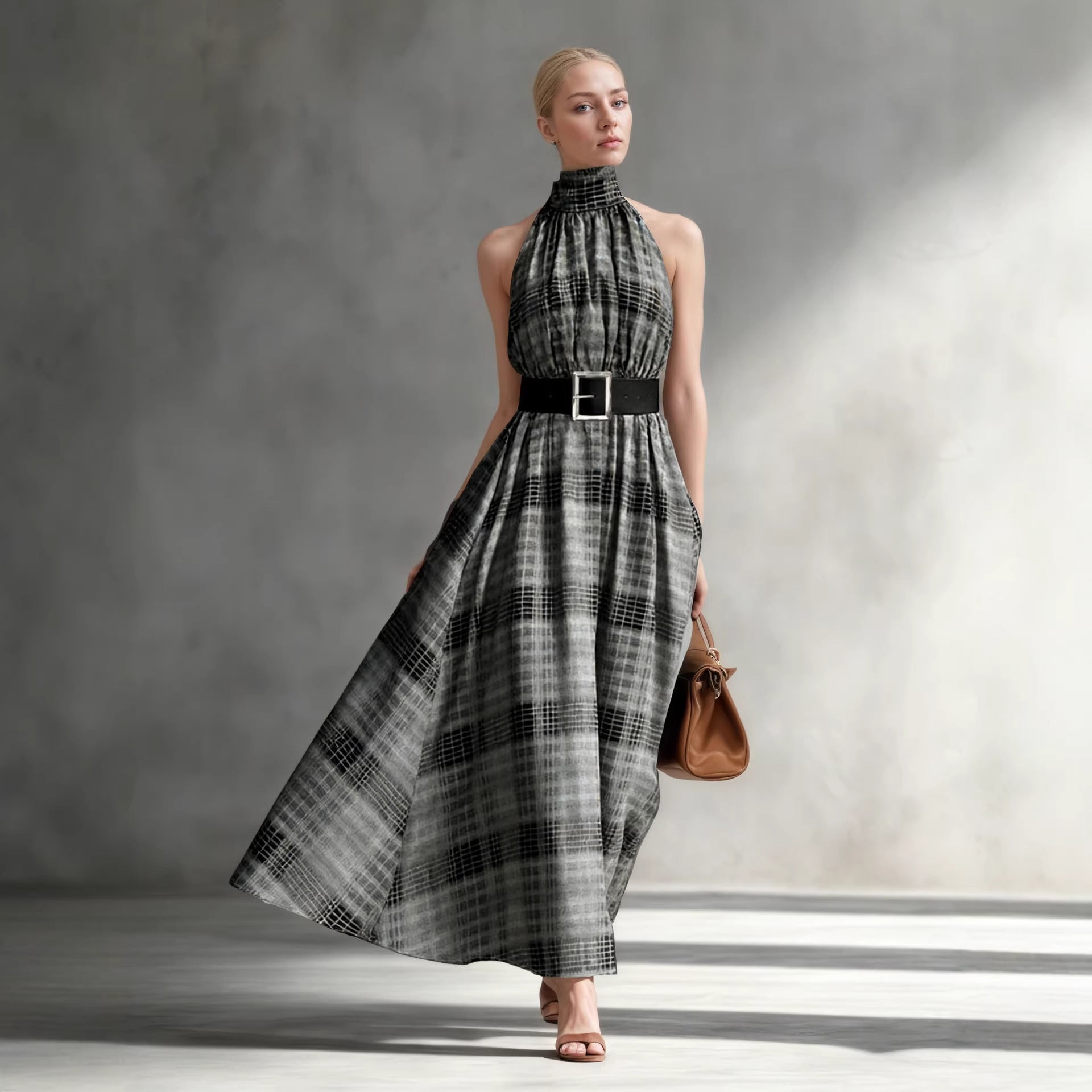 Halter Sleeveless Plaid High Waist Lace up Waist Draping Effect Large Hem A line Dress French Dress Rogan