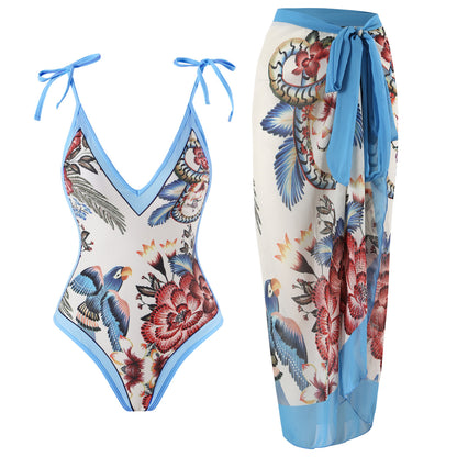 Women One Piece Swimsuit Women Skinny Slimming Retro Tied Swimsuit Suit Chiffon Dress