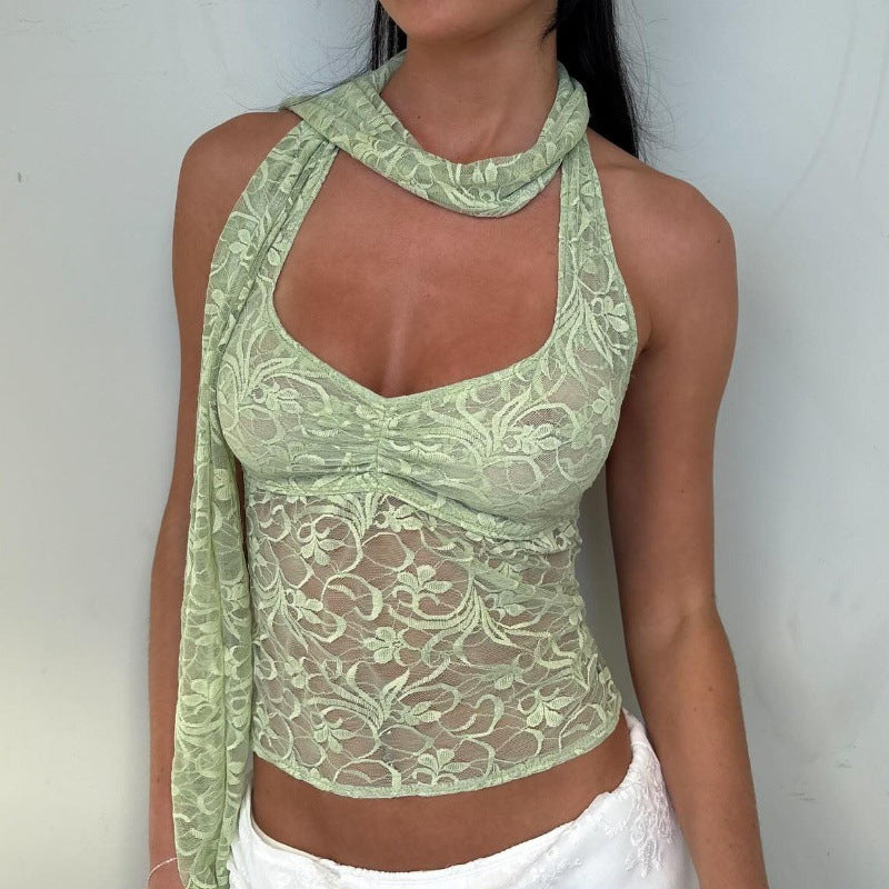 Women Clothing Summer Sexy Lace See through Decorative Ribbon Short Halterneck Vest Top