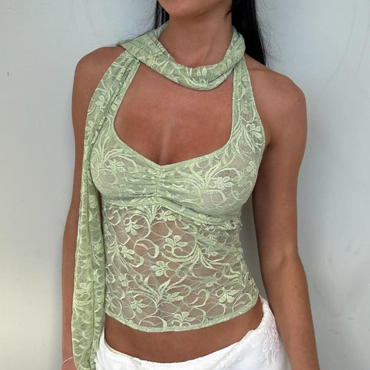 Women Clothing Summer Sexy Lace See through Decorative Ribbon Short Halterneck Vest Top