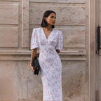 Short Sleeved Floral Dress Summer V Neck Shoulder High Waist Long Floral Dress BlueLine