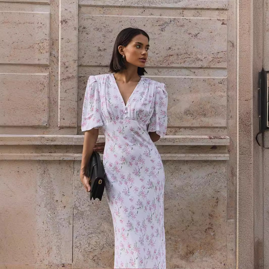 Short Sleeved Floral Dress Summer V Neck Shoulder High Waist Long Floral Dress BlueLine