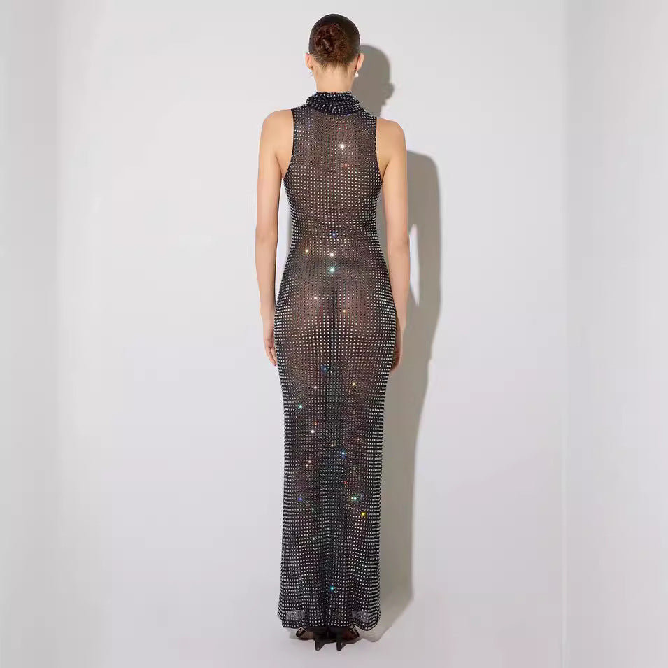 Summer Sexy Sheer Cutout Maxi Dress Mesh Rhinestone Sleeveless Maxi Dress Women KLEEZY