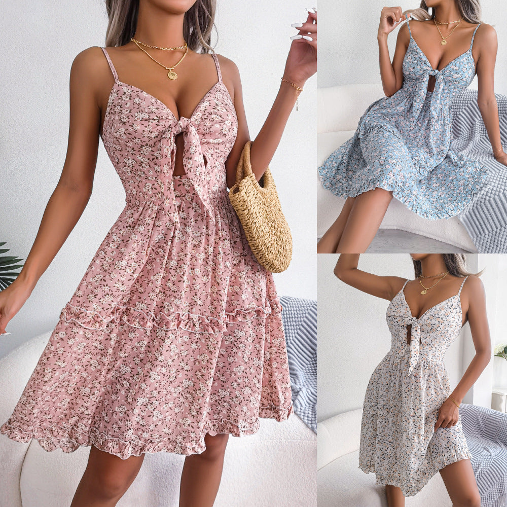 Spring Summer Floral Bow V-neck Ruffled Large Swing Dress Holiday Cami Dress Women Clothing BAGIISA