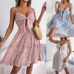 Spring Summer Floral Bow V-neck Ruffled Large Swing Dress Holiday Cami Dress Women Clothing BAGIISA