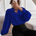 Chemise femme automne élégante couleur unie col manches longues une rangée de boutons ample