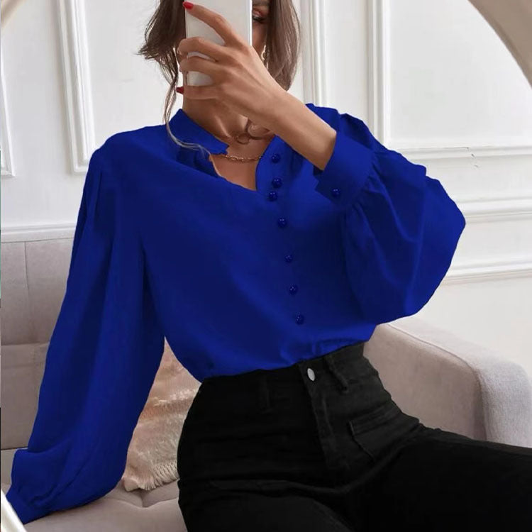 Chemise femme automne élégante couleur unie col manches longues une rangée de boutons ample