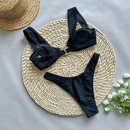 Traje de baño de bikini sexy de color sólido dividido para mujer