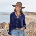 Camisa Pleuche para mujer, blusa holgada de terciopelo de manga larga que combina con todo