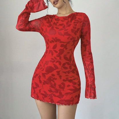 Autumn round Neck Long Sleeve Sexy Leopard Print Lace up Backless Short Dress