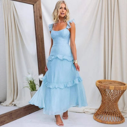 Summer Women Clothing Solid Color Elegant Graceful Ruffled Dress