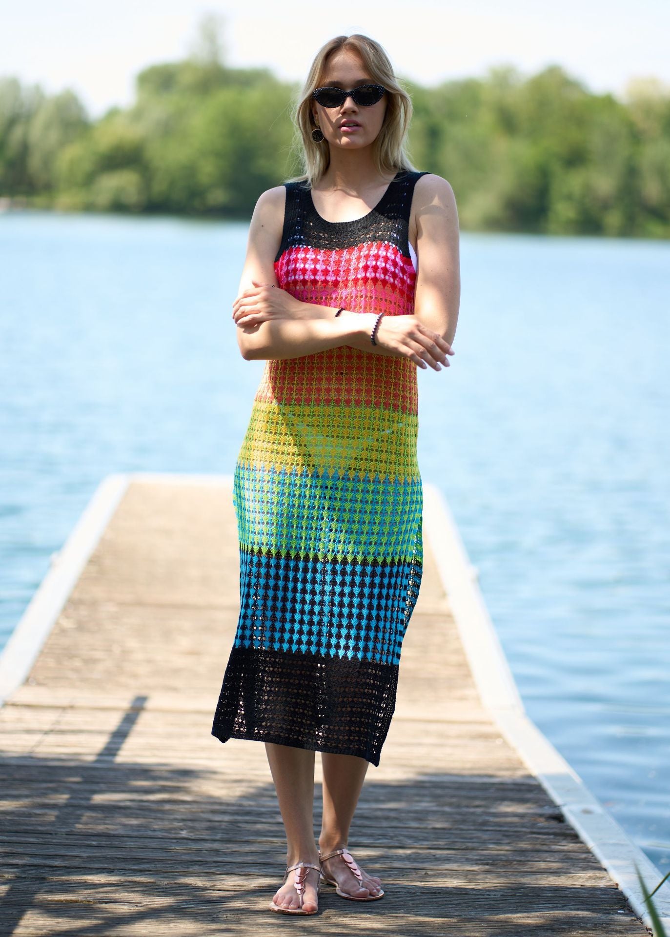 Knitted Wide Horizontal Color Pattern Vest Dress Holiday Casual Beach Bikini Cover