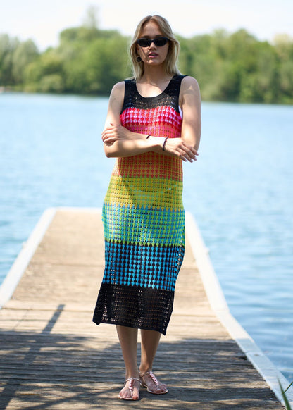 Knitted Wide Horizontal Color Pattern Vest Dress Holiday Casual Beach Bikini Cover