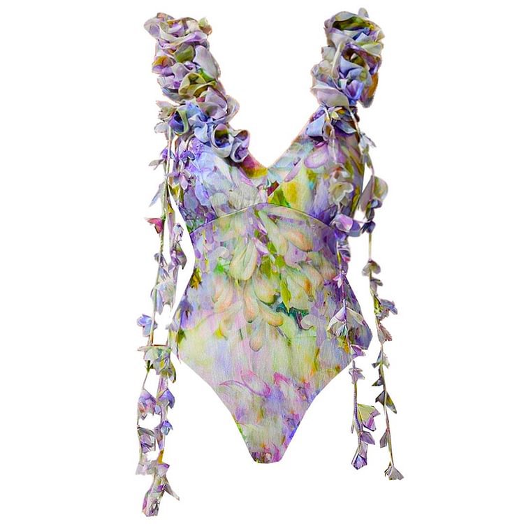 Traje de baño de una pieza con borlas y estampado floral 3D para mujer