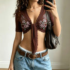 Retro Floral Print Lace V neck Lace up Short Sleeve T shirt Street Sexy Short Smock Top LingSharp