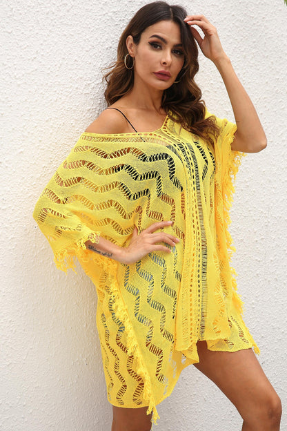 Women Clothing Sexy Hollow Out Cutout See-through Woven Blouse Wave Pattern Loose Beach Dress for Women