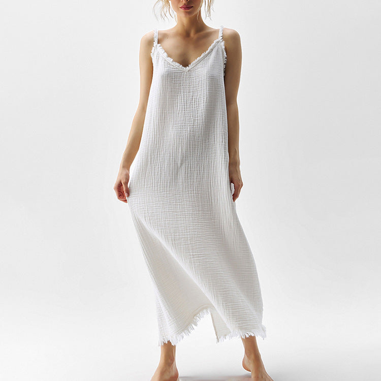 Women Clothing Fashionable Simple Casual Suspender Cotton Champray White V Collar Split Dress Kigali