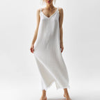 Women Clothing Fashionable Simple Casual Suspender Cotton Champray White V Collar Split Dress Kigali