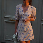 French Elegant Printed Short Word Dress Women V neck Short Sleeve High Waist Floral Dress Kigali
