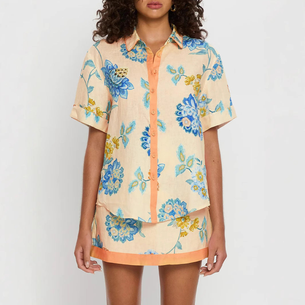 Spring Summer Short Sleeves Shirt Printing Skirt Set Loose Vacation Two Piece Sets Oyrina