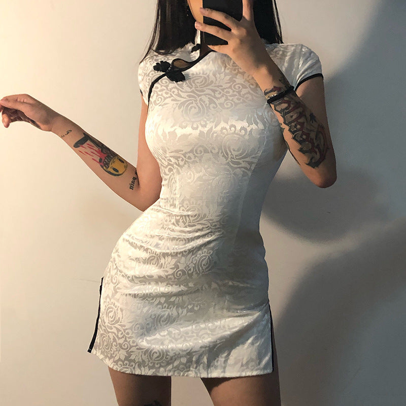 Summer Sexy High Waist Slimming Tight Improved Frog Buckle Dress Split Retro Cheongsam