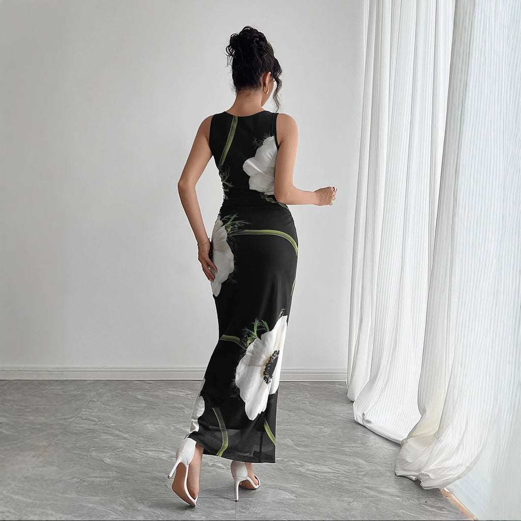 Spring Summer Women Black Mesh Floral Print Sleeveless Maxi Dress Vivish