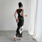 Spring Summer Women Black Mesh Floral Print Sleeveless Maxi Dress Vivish