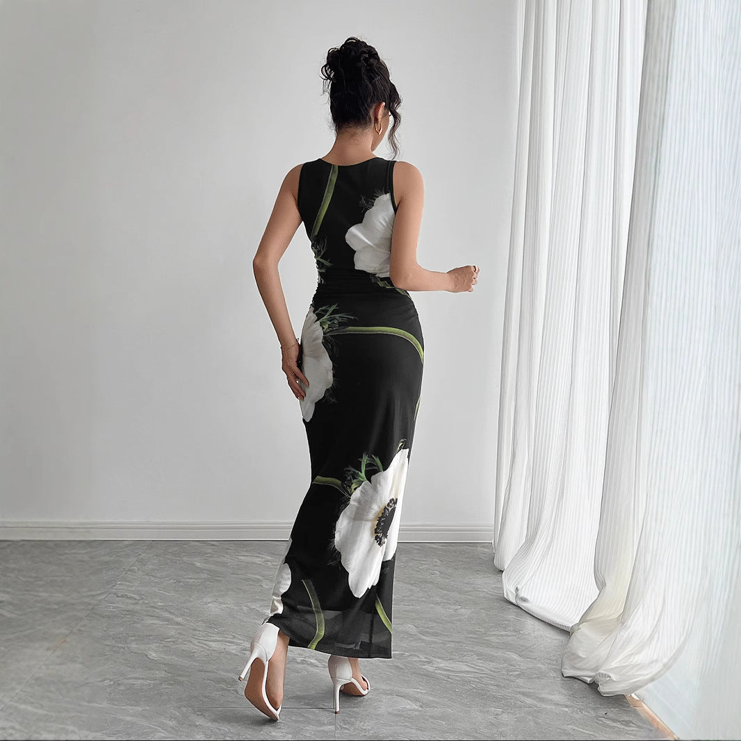 Spring Summer Women Black Mesh Floral Print Sleeveless Maxi Dress Vivish