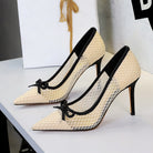 French High Heels Bow Pointed Shallow Mouth Mesh Lace Stiletto Heel Slip on Pumps Women ForestFootwear