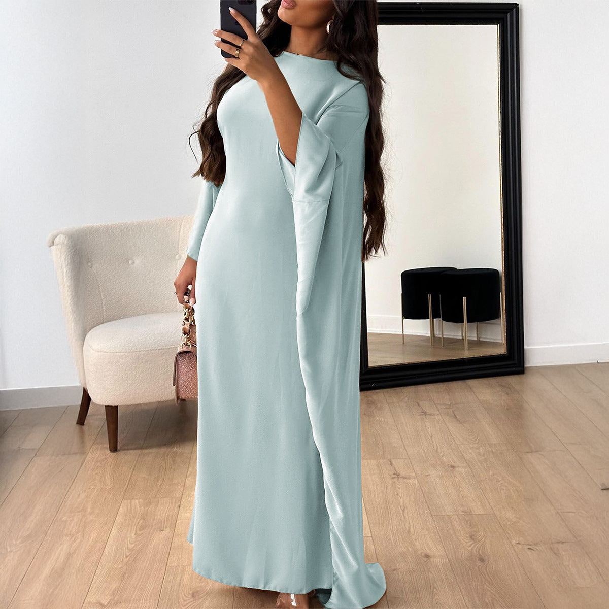 Spring Summer Casual Elegant Loose Solid Color Batwing Sleeve Dress CKK