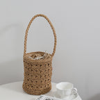 Sac cabas d'été en paille tressée, style seau ajouré, en rotin tressé, pour femme 