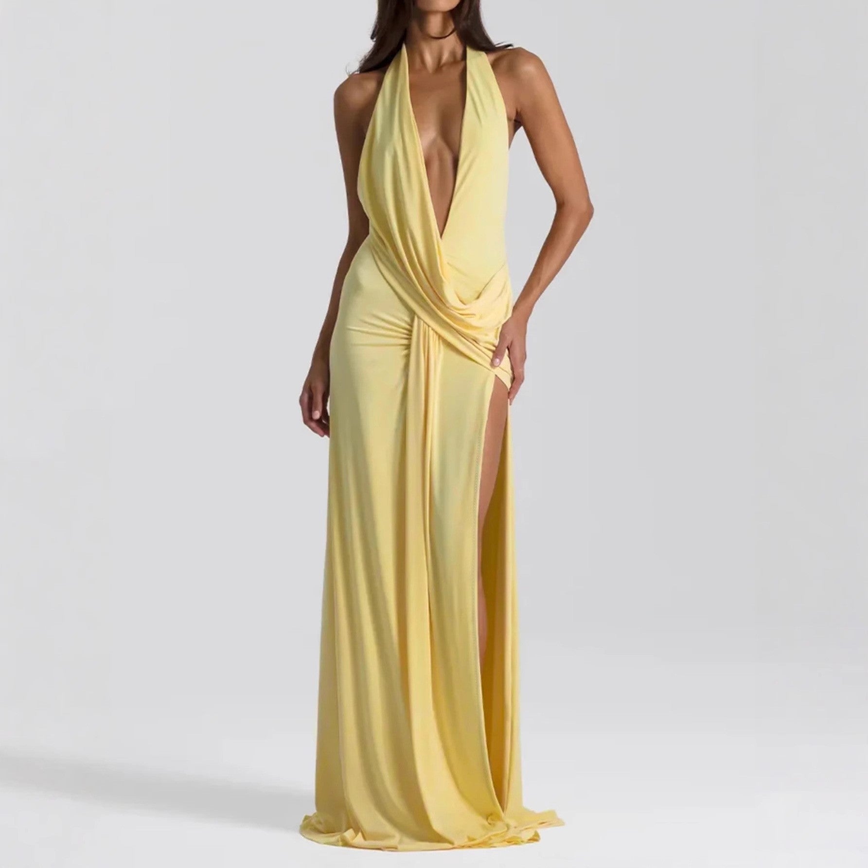 Vestido largo sexy con escote en V profundo y cordones en la espalda para mujer