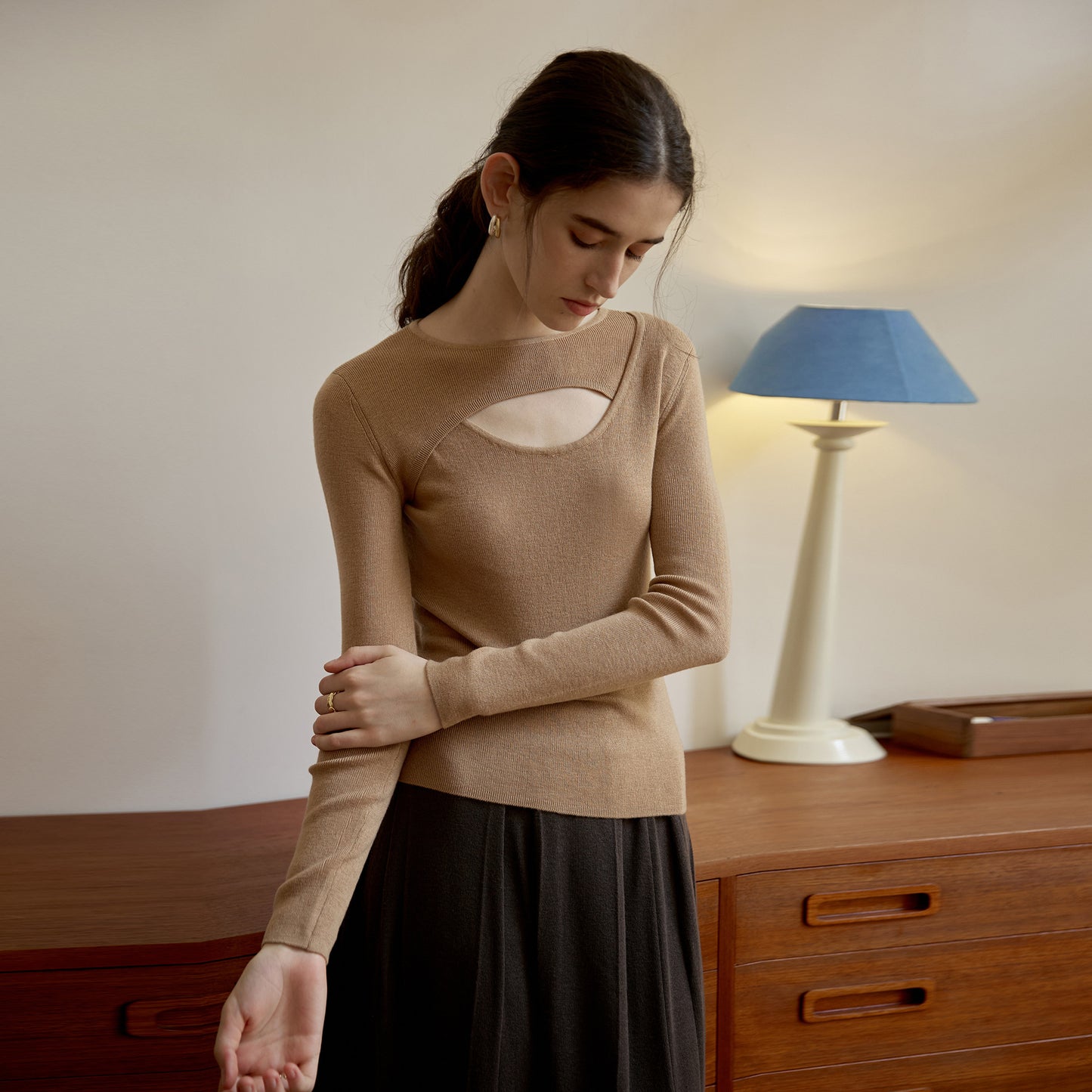 Wool Top Autumn Winter Design Slim Bottoming Shirt Gentle Long Sleeve Sweater Hollow Out Cutout Sweater