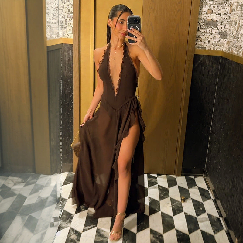 Sexy Low Collar High Slit Halter Lace Dress COORAL