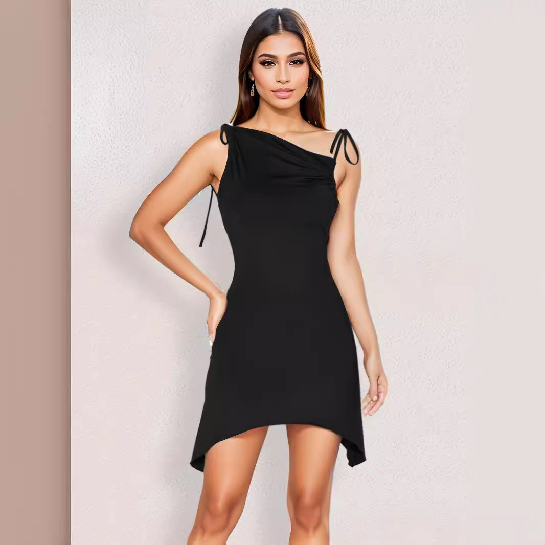 Vestido de verano para mujer, sexy, sin espalda, irregular, asimétrico, con tirantes plisados ​​y cuello diagonal