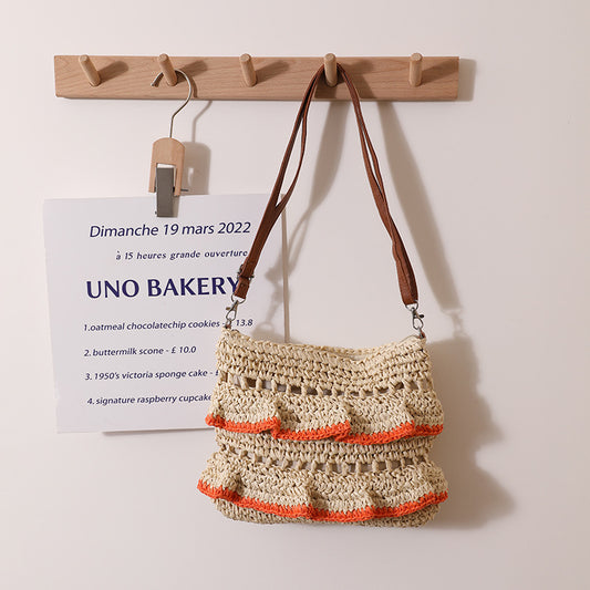 Bolso bandolera de paja con encaje y volantes para verano, tejido, para playa y vacaciones 