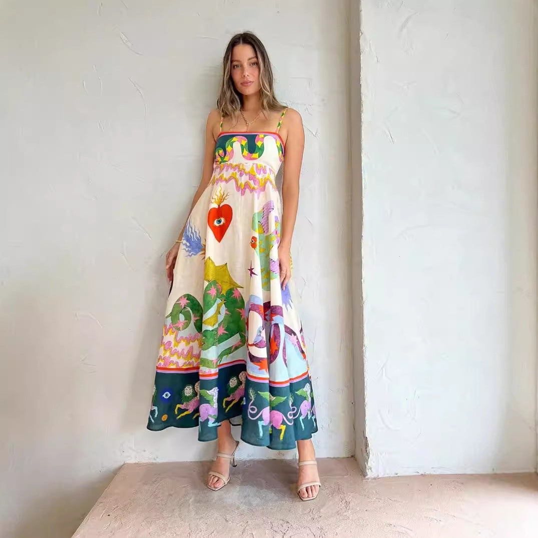 Dress Women Clothing Spaghetti Strap Floral Print Linen 9 Color Large Swing Dress Gemi