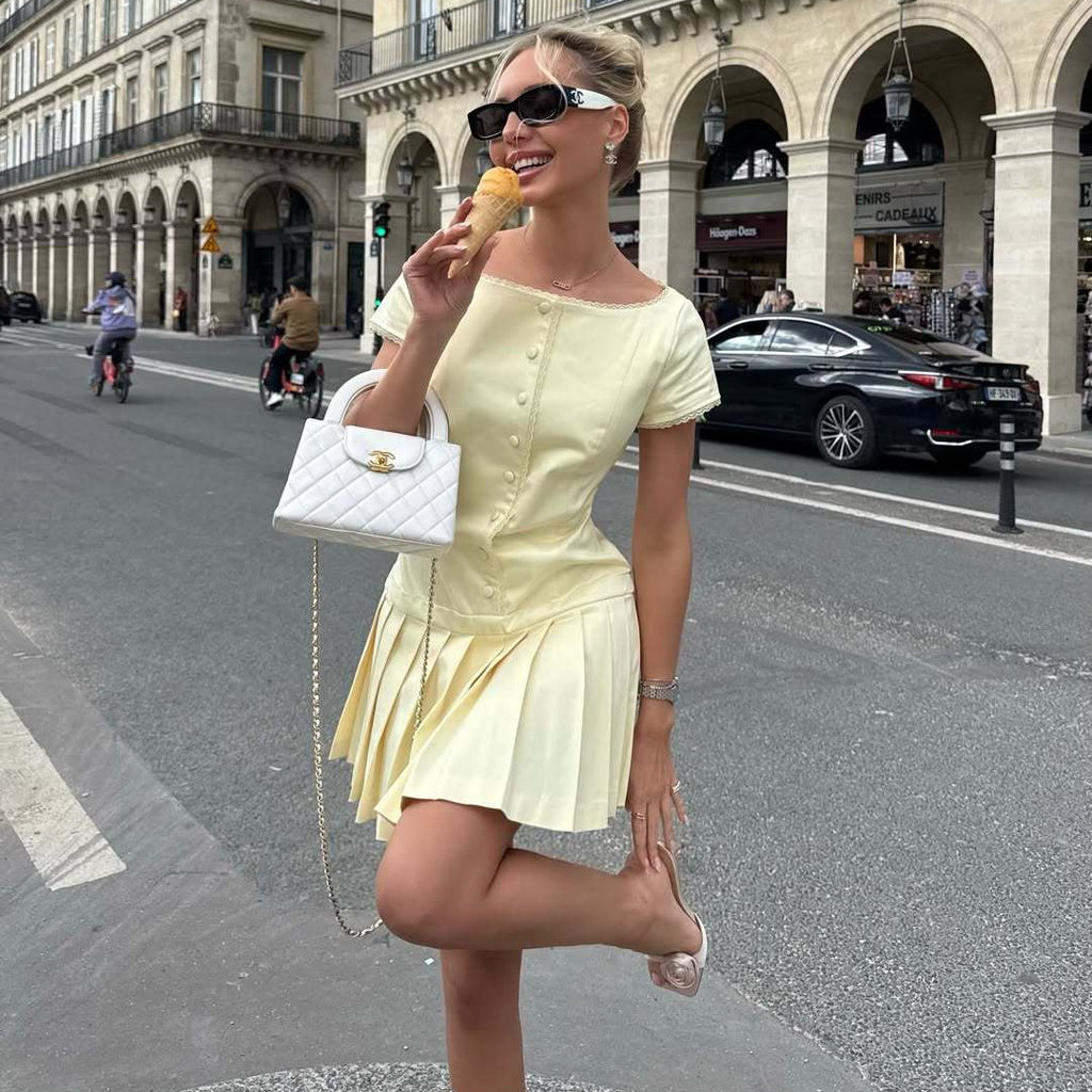 Women Summer Slim Slimming Elegant Lace Edge Short Sleeve Pleated Dress Fifiant