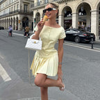 Women Summer Slim Slimming Elegant Lace Edge Short Sleeve Pleated Dress Fifiant