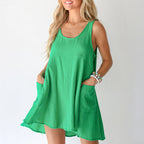 Spring Summer Casual Vacation Solid Color Patchwork Pocket Vest Dress Women Clothing Dee