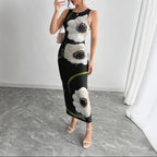 Spring Summer Women Black Mesh Floral Print Sleeveless Maxi Dress Vivish
