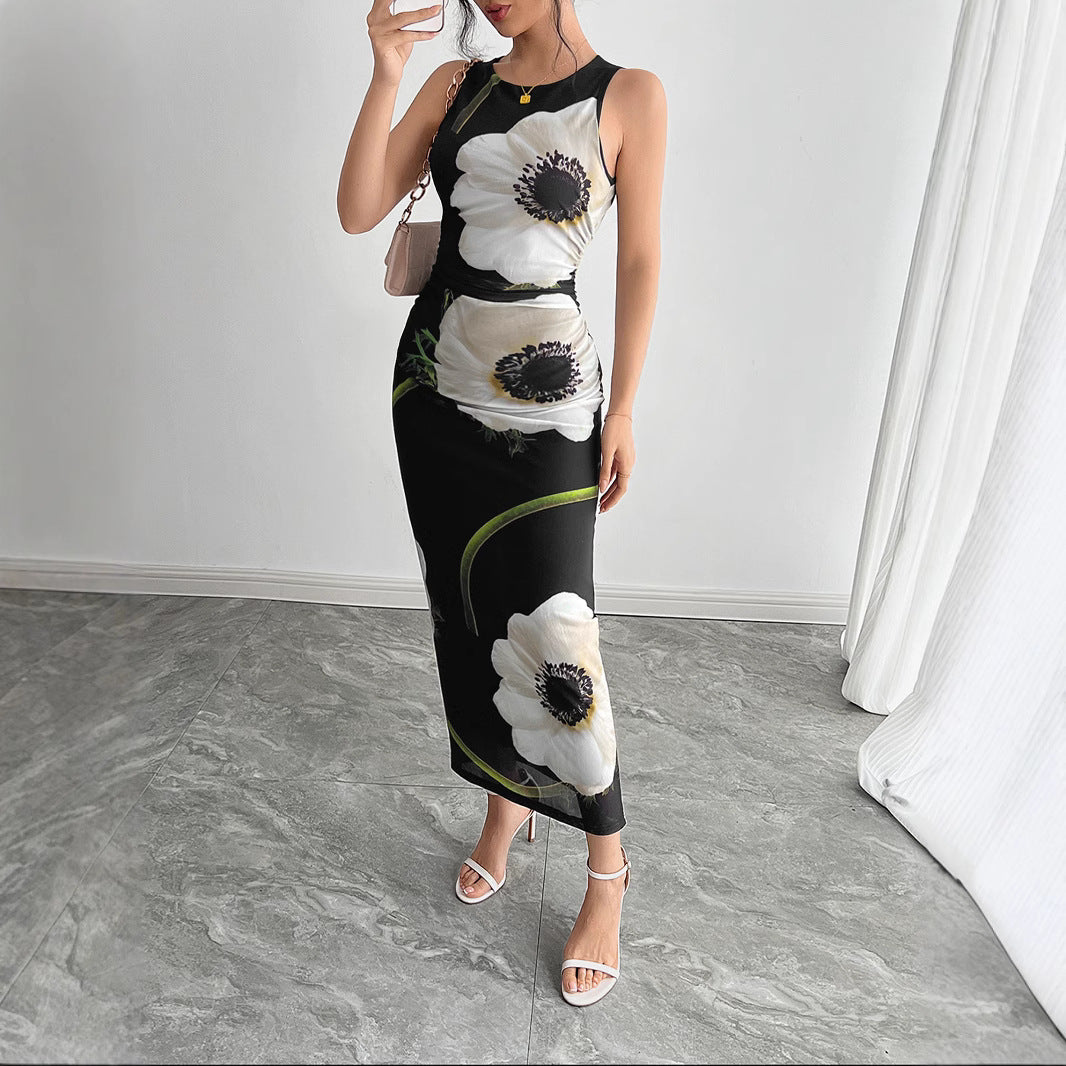 Spring Summer Women Black Mesh Floral Print Sleeveless Maxi Dress Vivish