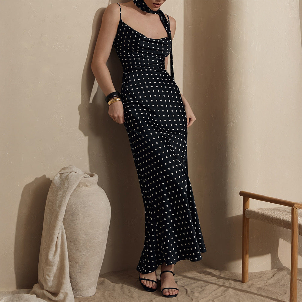 Strap Maxi Dress Summer Halter Strap Fishtail Polka Dot Maxi Dress BlueLine